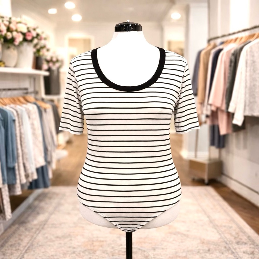 White Birch Striped Ribbed Bodysuit Scoop Neck Short Sleeve Stretch 2X 3X NWOT